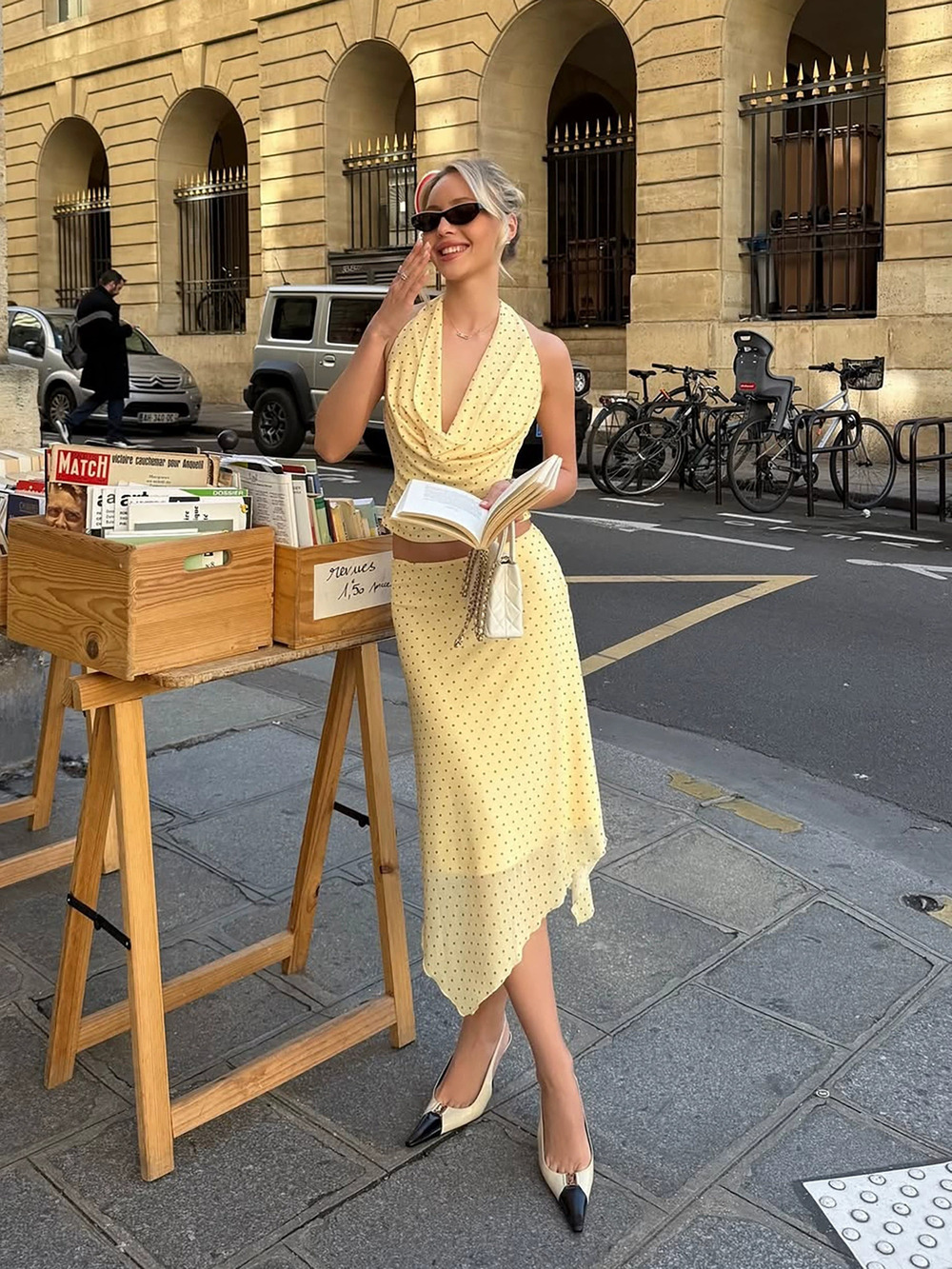 ZARA French Retro Yellow Polka Dot Halter Backless Top Irregular Skirt Set